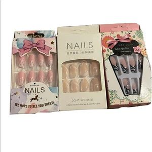 3 Pk False Nails Press On Pretty Pink Fire Swirl Zebra Gemstone Squoval Coffin